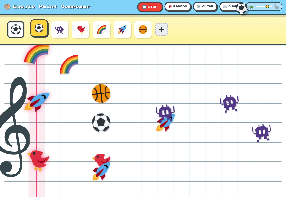 A short looping demo of Emojio Composer playing back: a musical staff with rainbows, a basketball, soccer ball, rocket, red bird, and pixel-art space invaders arranged on it; a pink playhead sweeps left-to-right as the composition plays.
