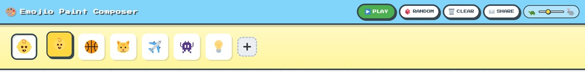 The Emojio toolbar — title, transport controls (Play, Random, Clear, Share), tempo slider, and a row of emoji stickers acting as the instrument palette.