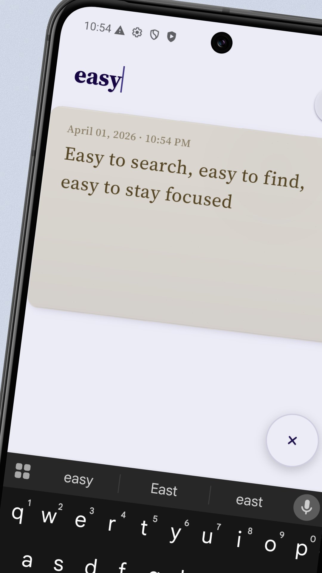 Loom search active — typing 'easy' returns a single beige note that reads 'Easy to search, easy to find, easy to stay focused.' Autocomplete chips show 'easy', 'East', 'east'.