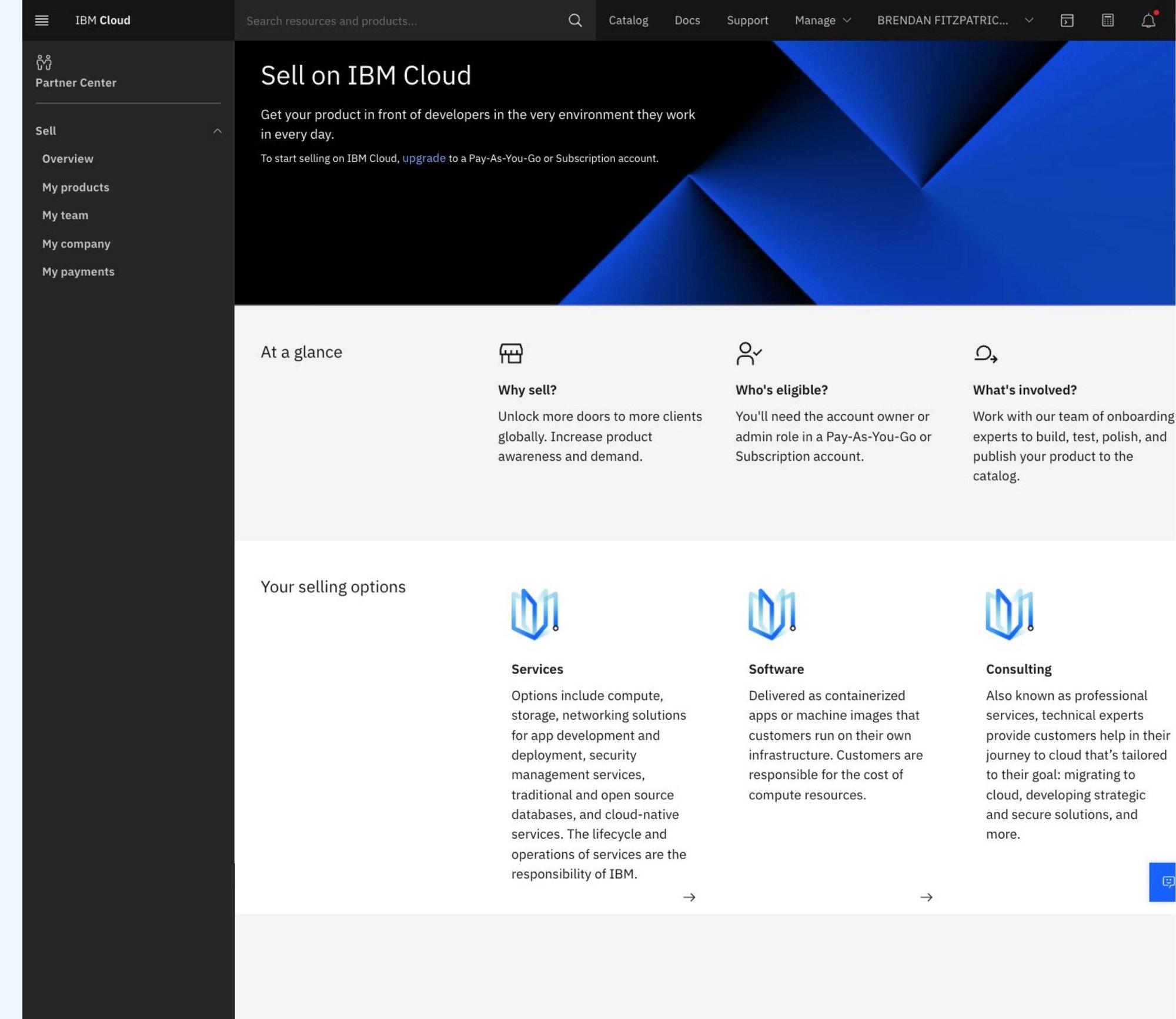 The Partner Center Sell overview screen on IBM Cloud, showing why-sell / who's-eligible / what's-involved content and three selling options (services, software, consulting).