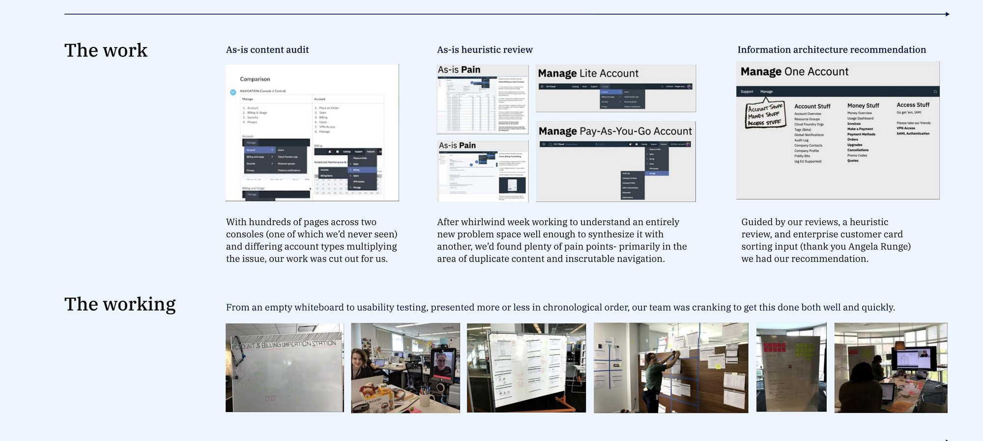 PUP IA artifacts and team-in-action shots: as-is content audit, heuristic review, IA recommendation, and the working sessions that produced them.
