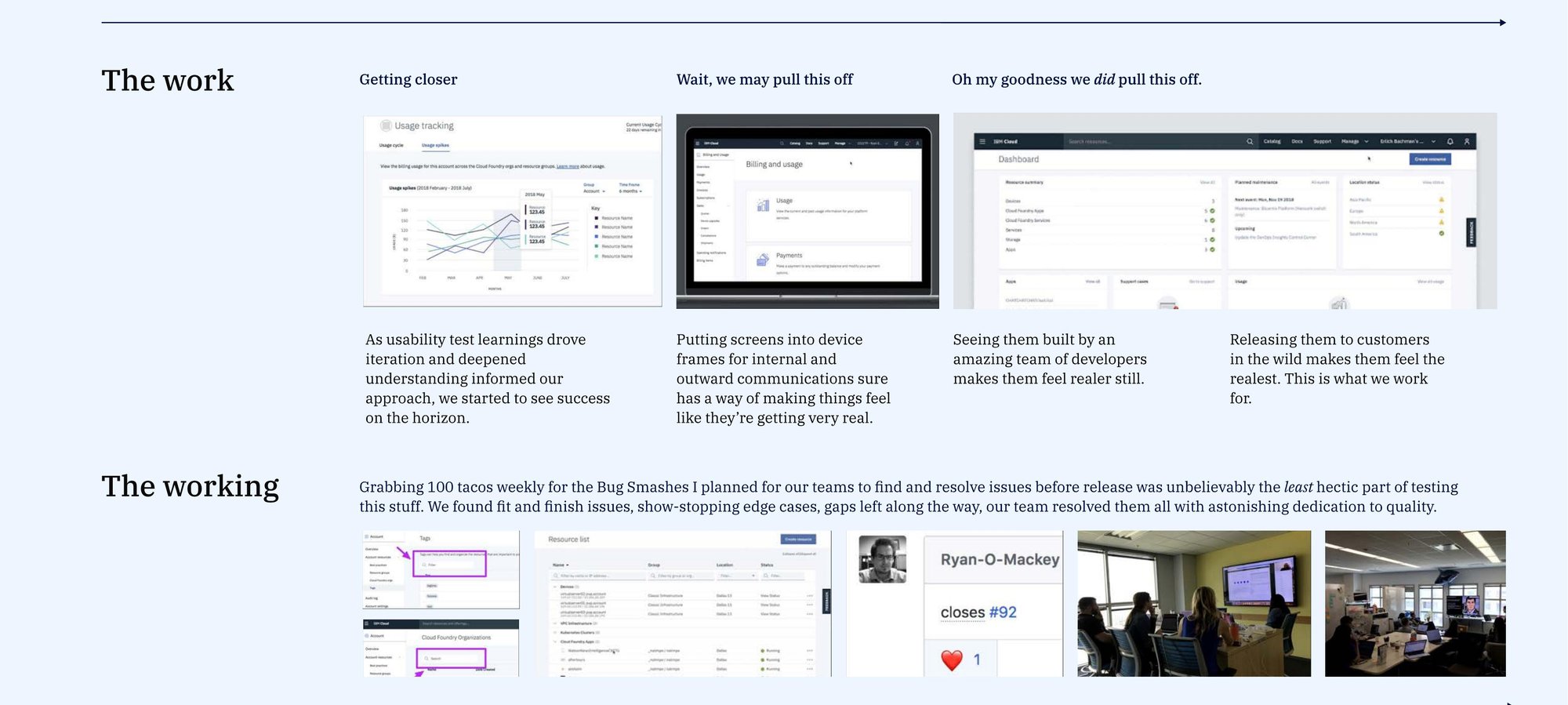 Progressing screenshots of the unified billing, usage, and resource dashboard, with the bug-smash and testing team shots that backed them.