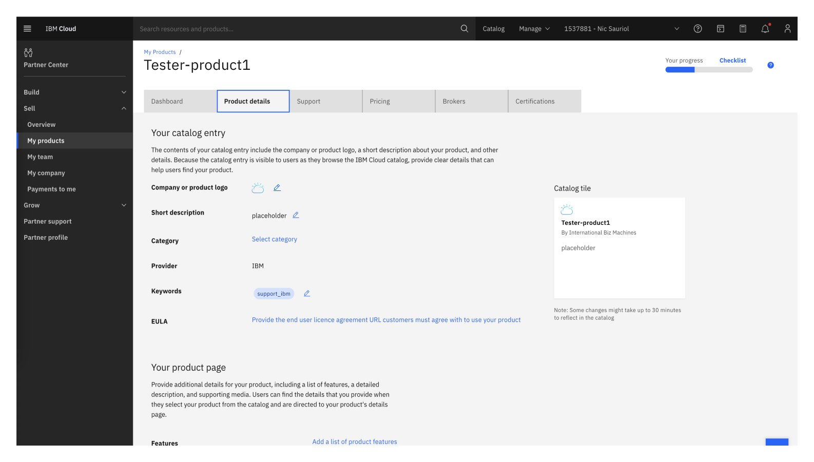 The same product-details page after publishing — a real product logo (a weather-cloud icon) now renders in both the form and the catalog-tile preview.