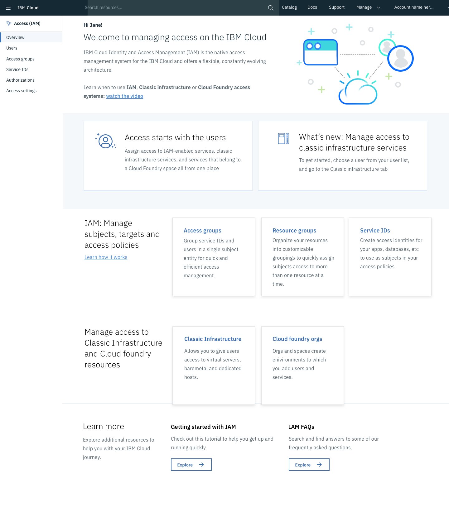 The IAM Manage Access overview — Welcome to managing access on the IBM Cloud. Tabs for Overview, Access groups, Service IDs, Authorizations, Access settings. Two big call-to-action cards (Access starts with the users; What's new: Manage access to classic infrastructure services). Three subsequent cards for Access groups, Resource groups, Service IDs. Then a Classic Infrastructure / Cloud foundry orgs section, then Learn more, Getting started with IAM, and an IAM FAQs panel.