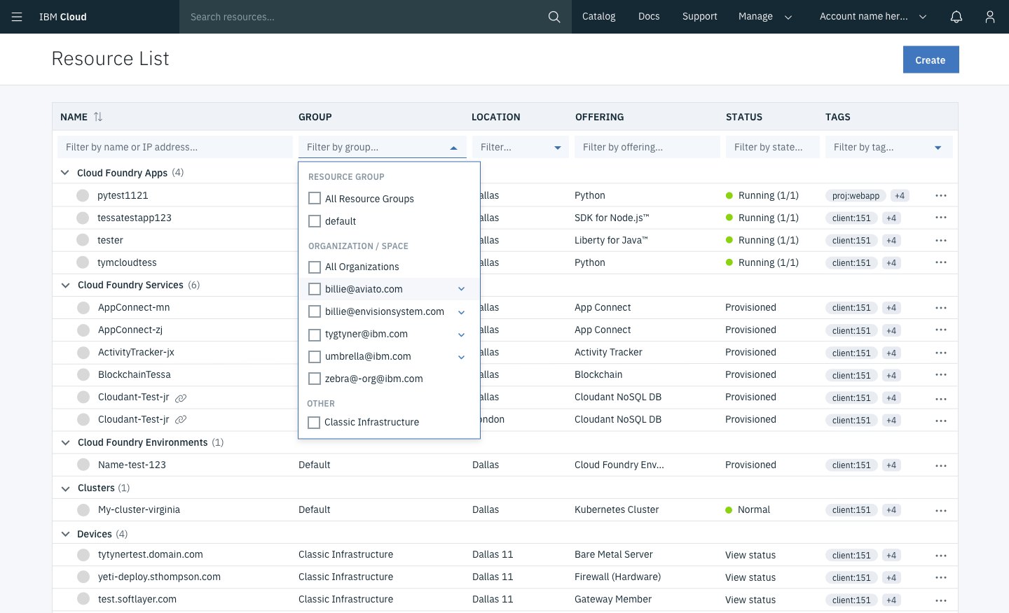 The unified Resource List — IBM Cloud header at top, a Resource List with Group filter dropdown open showing Resource Group options (All Resource Groups, Default, Organizations, AppConnect, billnnenovomvoxn.com, etc.), filterable by Name, Group, Location, Offering, Status, Tags. Resources are grouped under Cloud Foundry Apps, Cloud Foundry Services, Cloud Foundry Environments, Cluster categories with status pills.