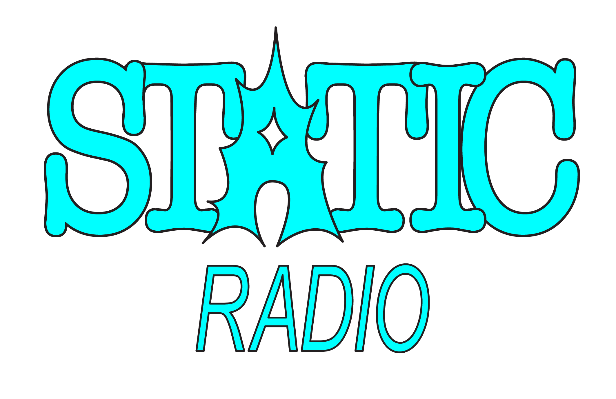 Static Radio wordmark — cyan letterforms with a spiky-A star in the center.